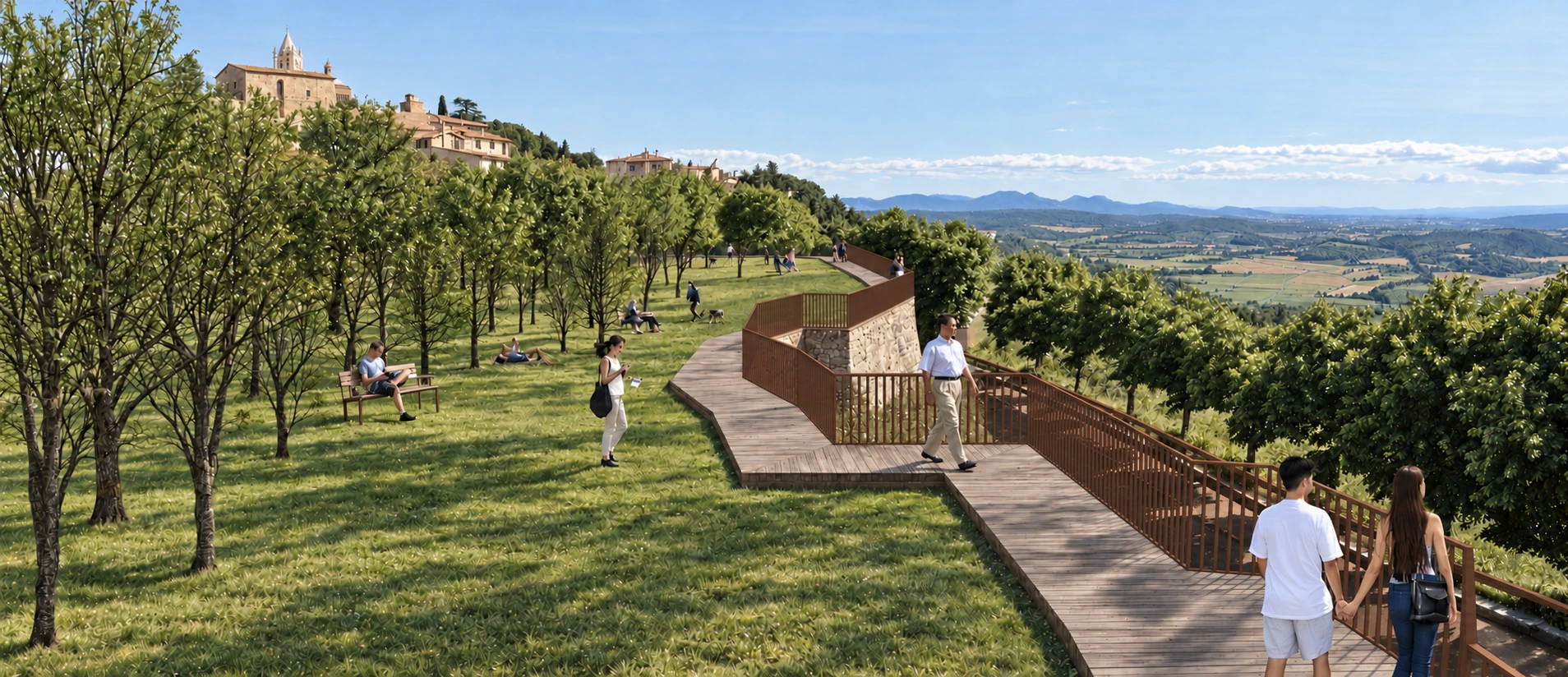 Recupero delle mura storiche — passerella in legno e corten, visualizzazione a colori